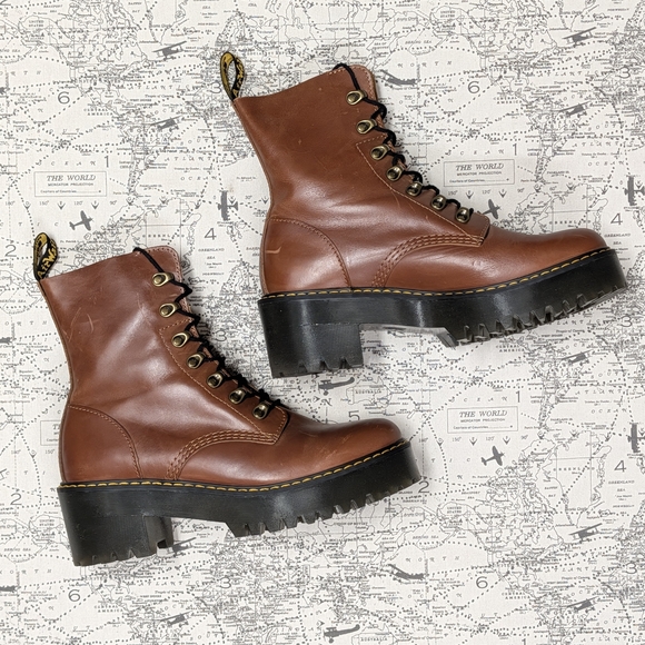 Dr. Martens Shoes - Dr. Martens Leona Platform Heeled Boots in Saddle Tan - Size 10